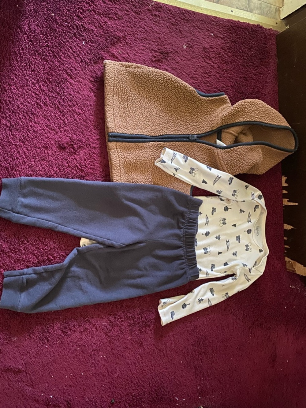 Carter's Tan Sherpa Vest, Grey Pants & Cream Printed Top